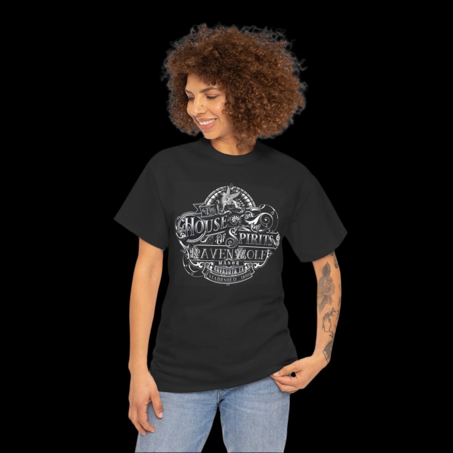 The House of Spirits (B & W) Black Unisex Heavy Cotton Tee