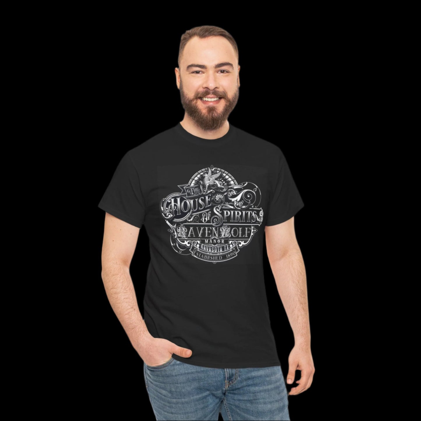 The House of Spirits (B & W) Black Unisex Heavy Cotton Tee